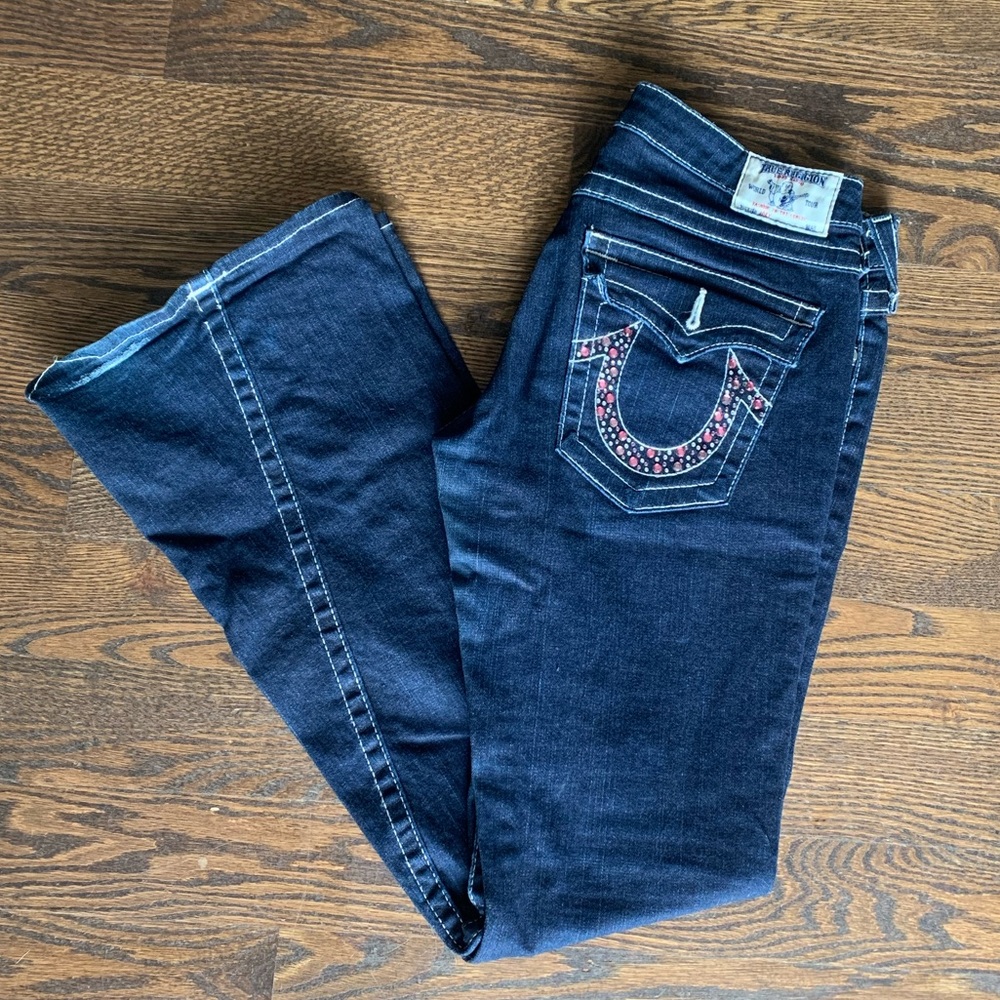 True Religion Stella Pink Rhinestone Blue Denim Jeans